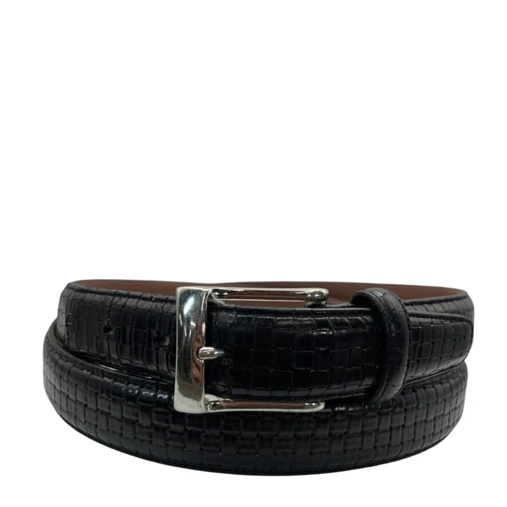 Mens Black Embossed Italian Full Grain Leather Dress Belt Size 44 Silver Buckle